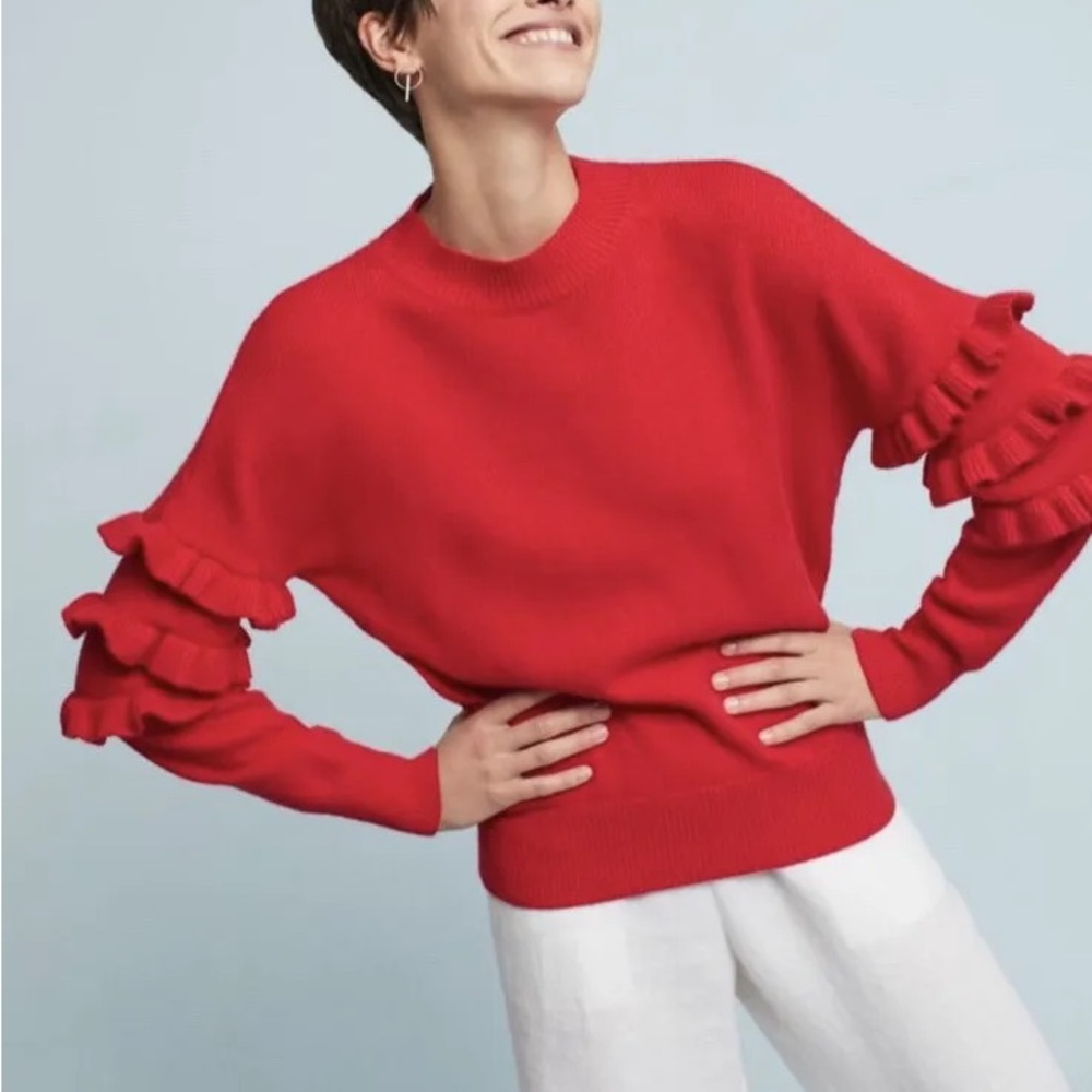 Anthropologie Line & Dot Red Ruffle Sleeve Sweater - XS